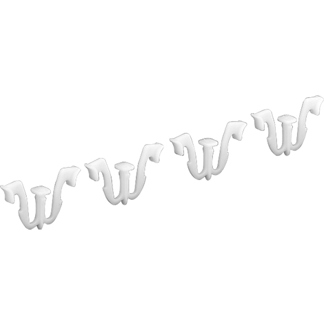 Four white decorative hooks, looking like intertwined letters, on a white background.