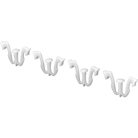 Four white plastic curtain hooks in a row against a white background.