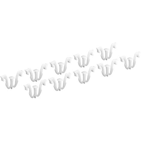 Ten white curtain hooks on a white background, arranged in a slightly slanted arrangement.