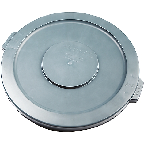 Grey, round lid with raised handles and lettering. Two concentric circles.