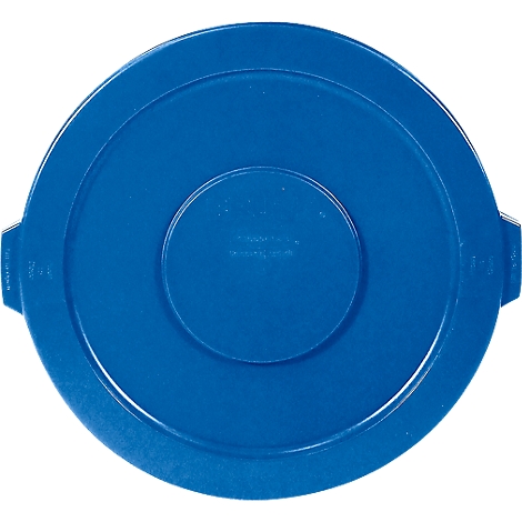 Blue round lid with three concentric circles, the middle circle is smaller. Side handles attached.