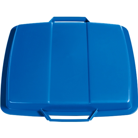 Blue trash can lid with handles. A handle at the top, a handle at the bottom.