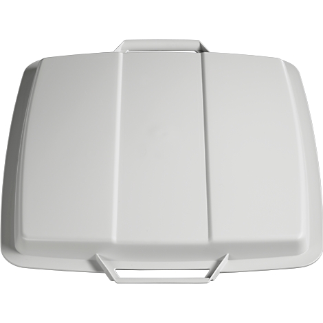 A light, white trash can lid with handles and a rectangular design.