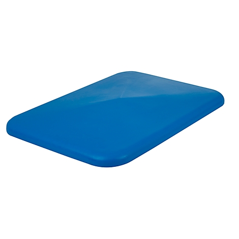 Rectangular, blue plastic lid with rounded corners and a slightly raised area in the center.