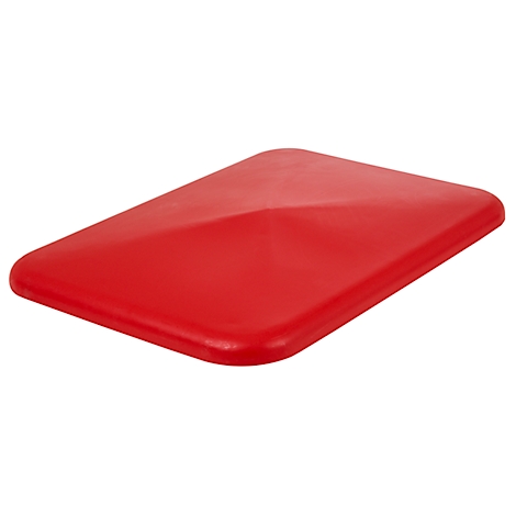 A red, rectangular object with beveled edges and a raised, pyramidal surface.
