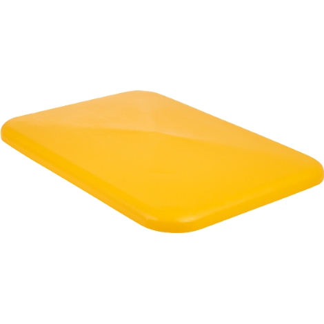 Yellow, rectangular plastic part with rounded edges. It lies on a white surface.
