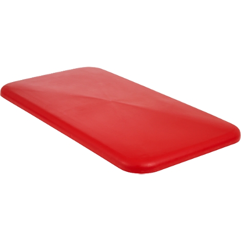 Rectangular, red cutting board with rounded edges.