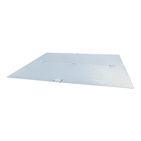 Metal plate with four metal latches. Top view, slightly oblique.