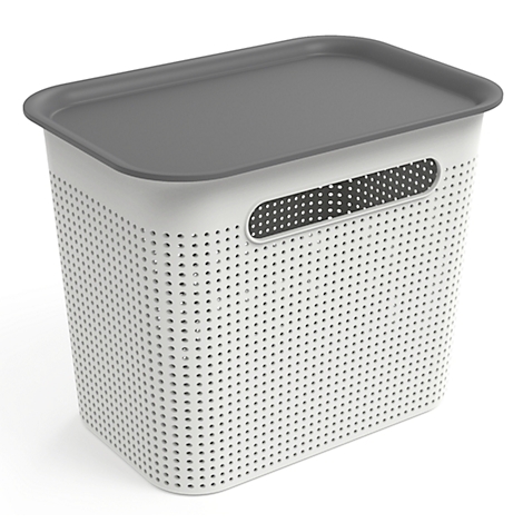 Grey storage box with lid. The box has small holes and handle holes.