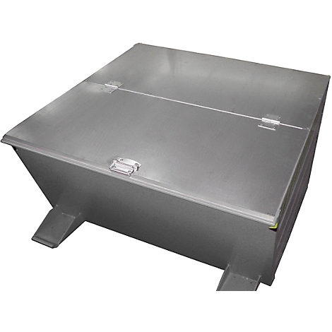 Rectangular, silver metal box with a lid and two hinges. The box stands on short feet.