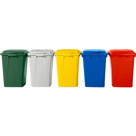 Five different colored trash cans stand side by side: green, white, yellow, blue and red.