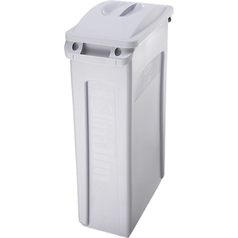 White, rectangular trash can with lid. Recessed handle and built-in recesses.