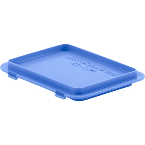Light blue, rectangular plastic cover with rounded corners, company logo and lettering.