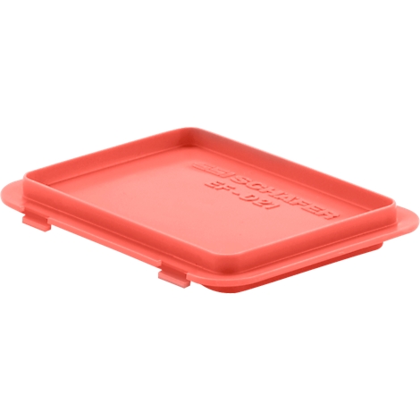 Red rectangular lid with raised rim, inscription 'SCHAEFER' and 'EF-031' on it.
