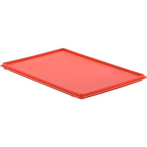 Rectangular, red lid, slightly raised at the edges, for a storage box.