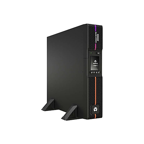 Ein schwarzer Server-Turm mit Vertiv-Logo und Namen auf der Vorderseite, auf weißem Grund stehend.