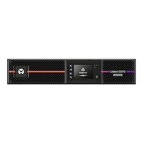 Ein schwarzes Gerät mit Logo, Bildschirm und Text "Liebert GXT5 Lithium-Ion".