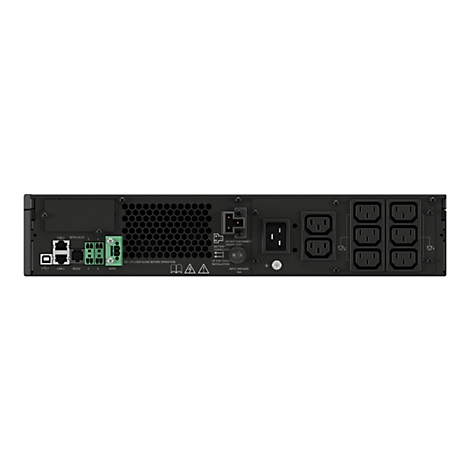 Rückseite eines schwarzen USV-Geräts mit Anschlüssen, Netzteilen und Aufschriften wie CAN, RS232 und Input Breaker.