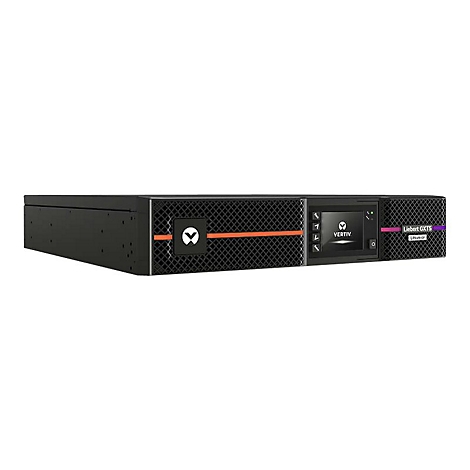Schwarzes Server-Rack mit Logo und Display. Aufschrift: Vertiv, Liébert GXT5.