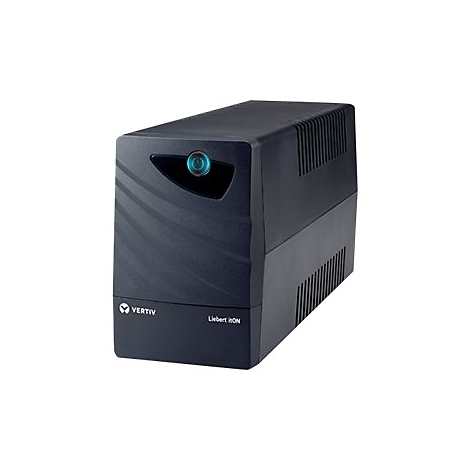 Schwarze USV-Anlage mit blauem Power-Knopf und Vertiv-Logo. Aufschrift: „Liebert iON“