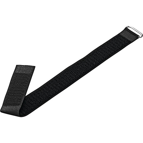 Sangle velcro noire avec boucle en métal pour la fixation.