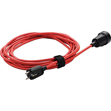 Câble d'alimentation rouge avec deux prises noires. Le câble est enroulé et fixé avec une fermeture velcro.