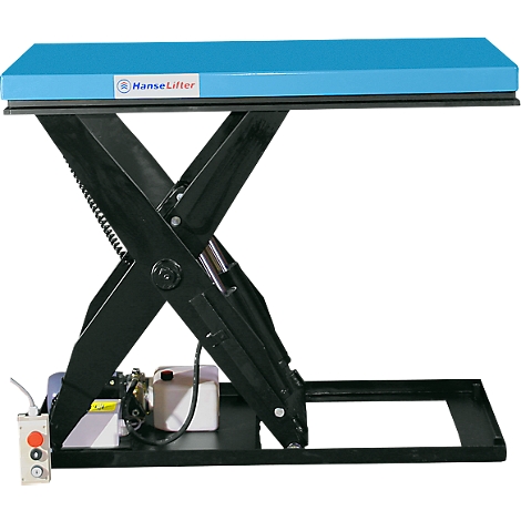 Scissor lift with a blue platform, black scissor mechanism, and HanseLifter lettering. It stands on a black base.