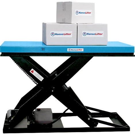 Lifting table with boxes. Blue platform, black scissor system. Boxes say "HanseLifter".
