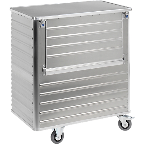 A silver transport cart, rectangular, with horizontal grooves. It stands on four castors.