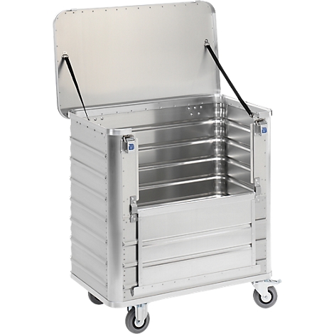 Open, silver-colored transport case on wheels. The lid is open, the inside of the case is empty.
