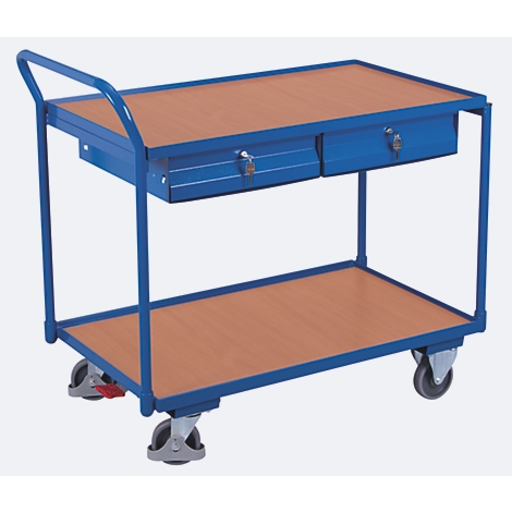 Blue service trolley with two levels and drawers. Wood-colored surfaces, blue frames, on castors.
