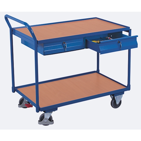 Blue serving cart with wooden shelves, two drawers with keys, and four wheels.