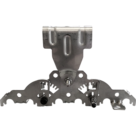 Metal part with curved arms and gear-like structures. Equipped with screws and holes in the middle.