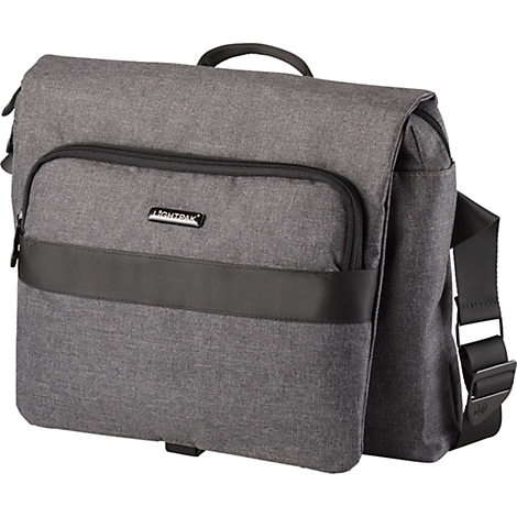 Gray messenger bag with black accent. It has a handle, a front pocket and a shoulder strap.