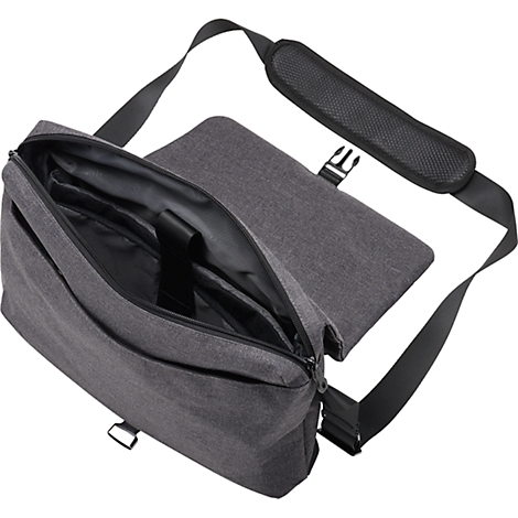 Grey messenger bag with open lid, view into the inner pockets. Black shoulder strap with padding.