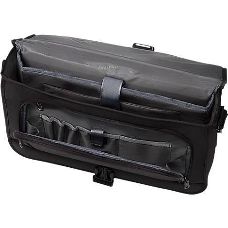 Black, open briefcase with multiple compartments. Interior is light gray. The clasp is black.