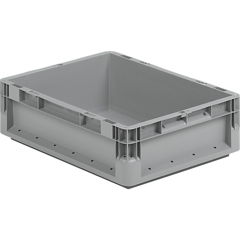 Grey plastic box with handles and a rectangular shape.
