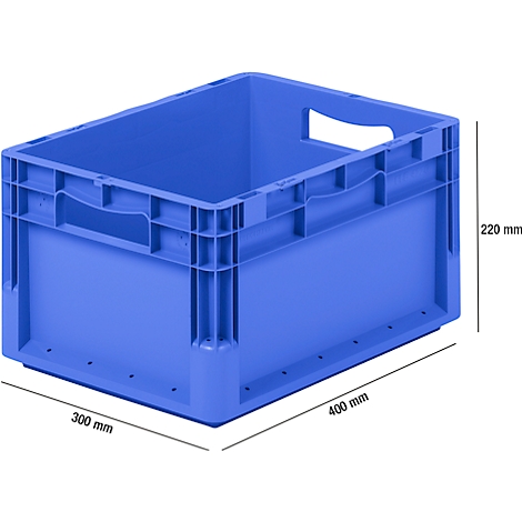 Blue plastic transport crate with handles and dimensions. Dimensions: 400 x 300 x 220 mm.