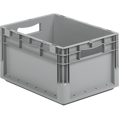 Gray plastic box with handle openings. Rectangular shape, sturdy design.