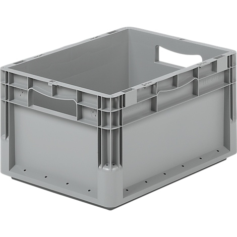Grey storage box with handle openings.