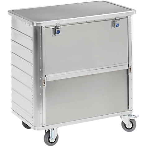Aluminum serving cart with hinged lid and wheels. Details such as closures and rivets are visible.