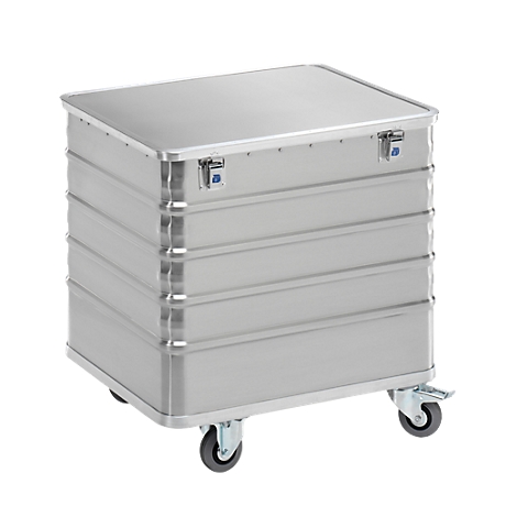 Silver transport box on wheels, lid with clasps.