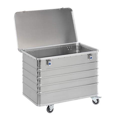 Open silver transport box on wheels. The lid is open, two latches are visible.