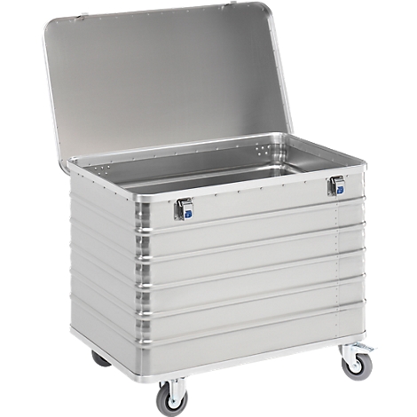 Silver transport box with lid open, on castors.
