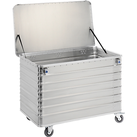 Open aluminum transport container with lid and rollers.