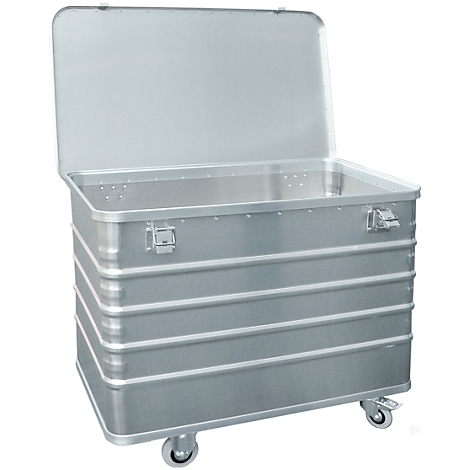 A silver transport box with an open lid on wheels.