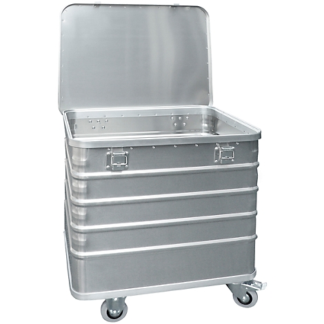 Silver transport box with open lid on wheels. Handles and closures are visible.