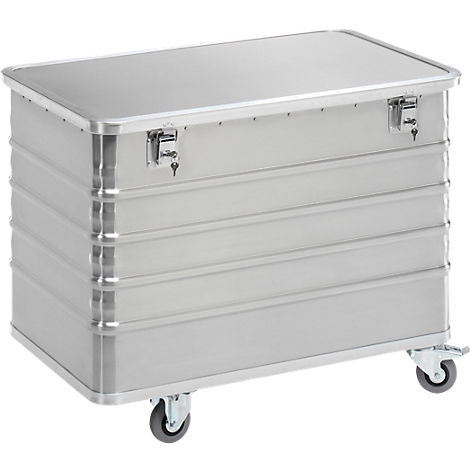 Gray aluminum transport box on wheels with lid and two locks.