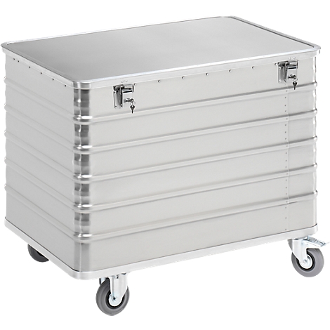 Silver metal transport box with lid, rollers and fasteners.
