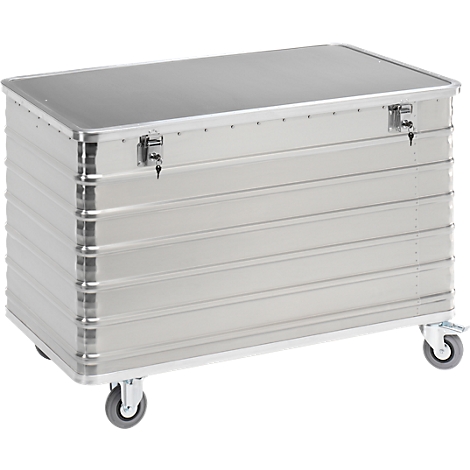 Silver transport box with lid and castors. The box has ribbed sides and two locks.